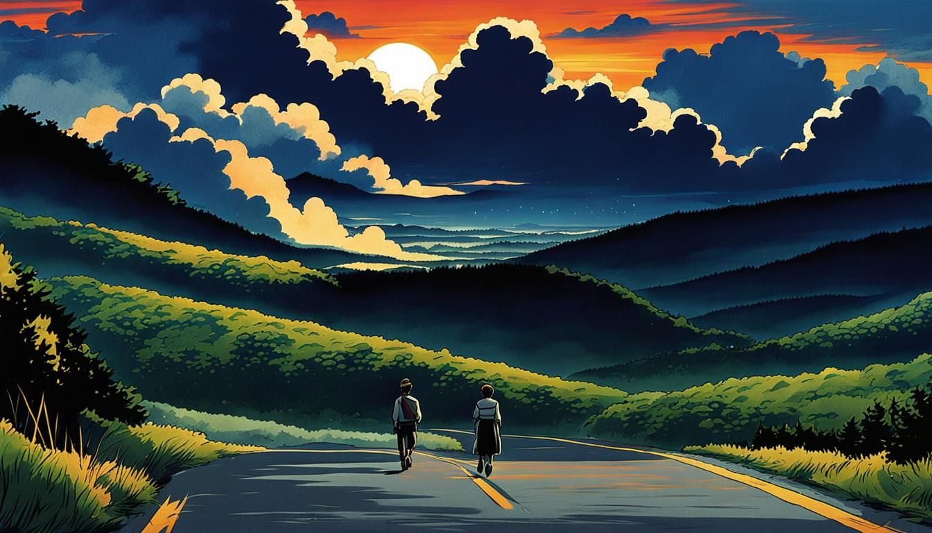 Anime Boy Walks at Sunset: Japanese Manga Style