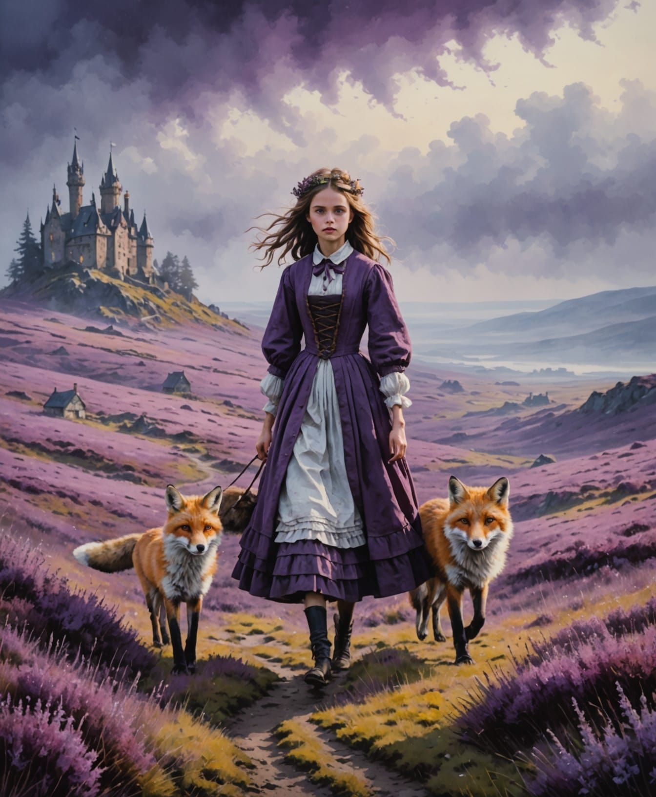 Girl and Fox on Moorland in Diamond Painting Style