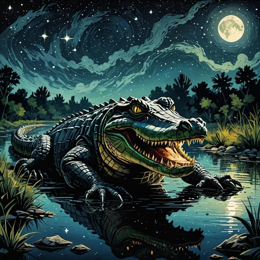 Crocodile Under Starry Sky in Comic Noir Style
