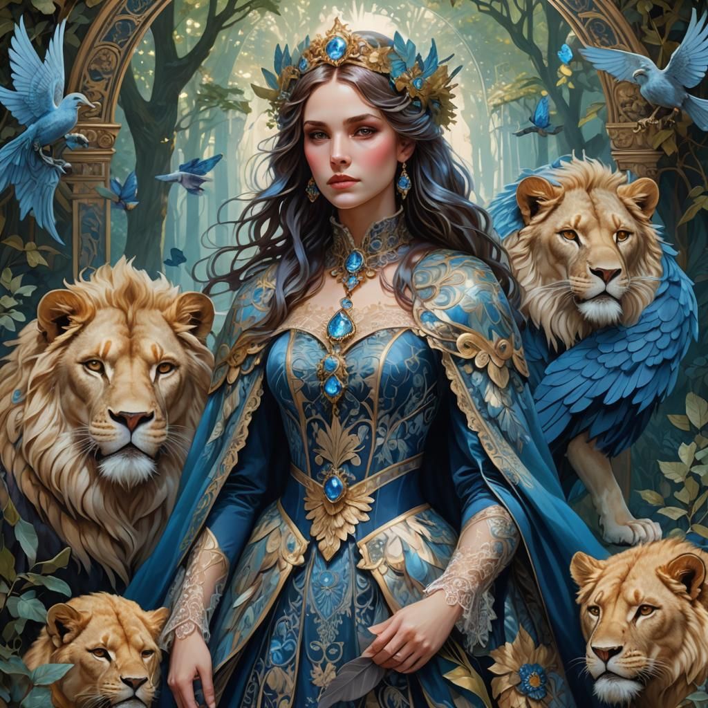 Fantasy Woman with Lions in Mystical Forest Art