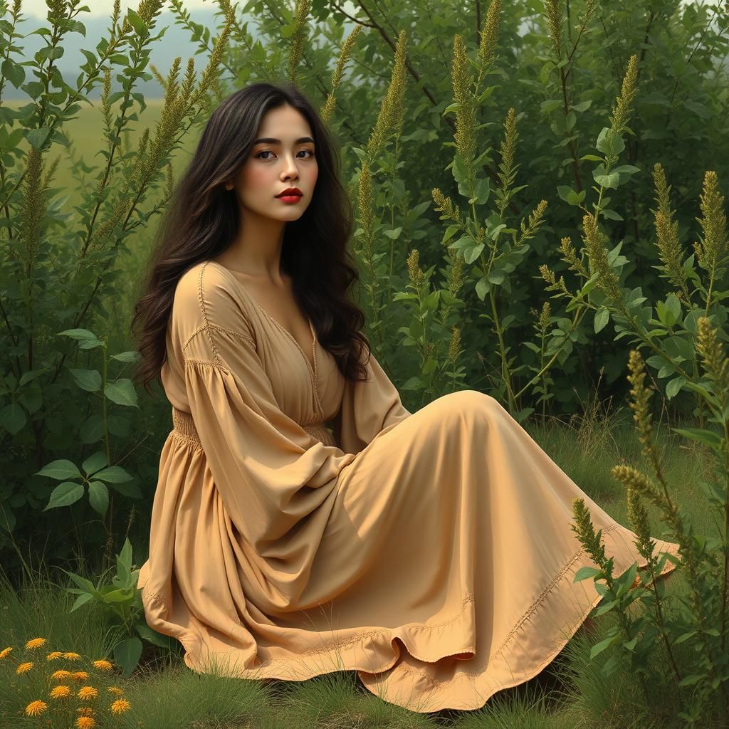 Woman in Earth Tones Amidst Lush Greenery