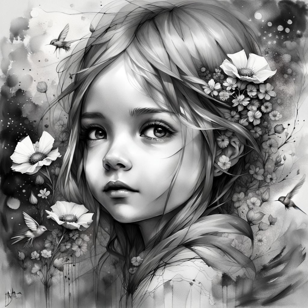 Ethereal Charcoal Portrait of a Chibi Girl