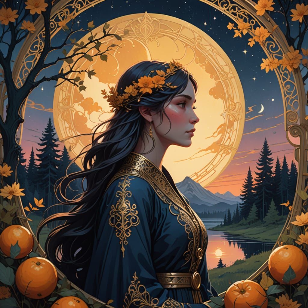 Moonlit Night Scene in Art Nouveau Style