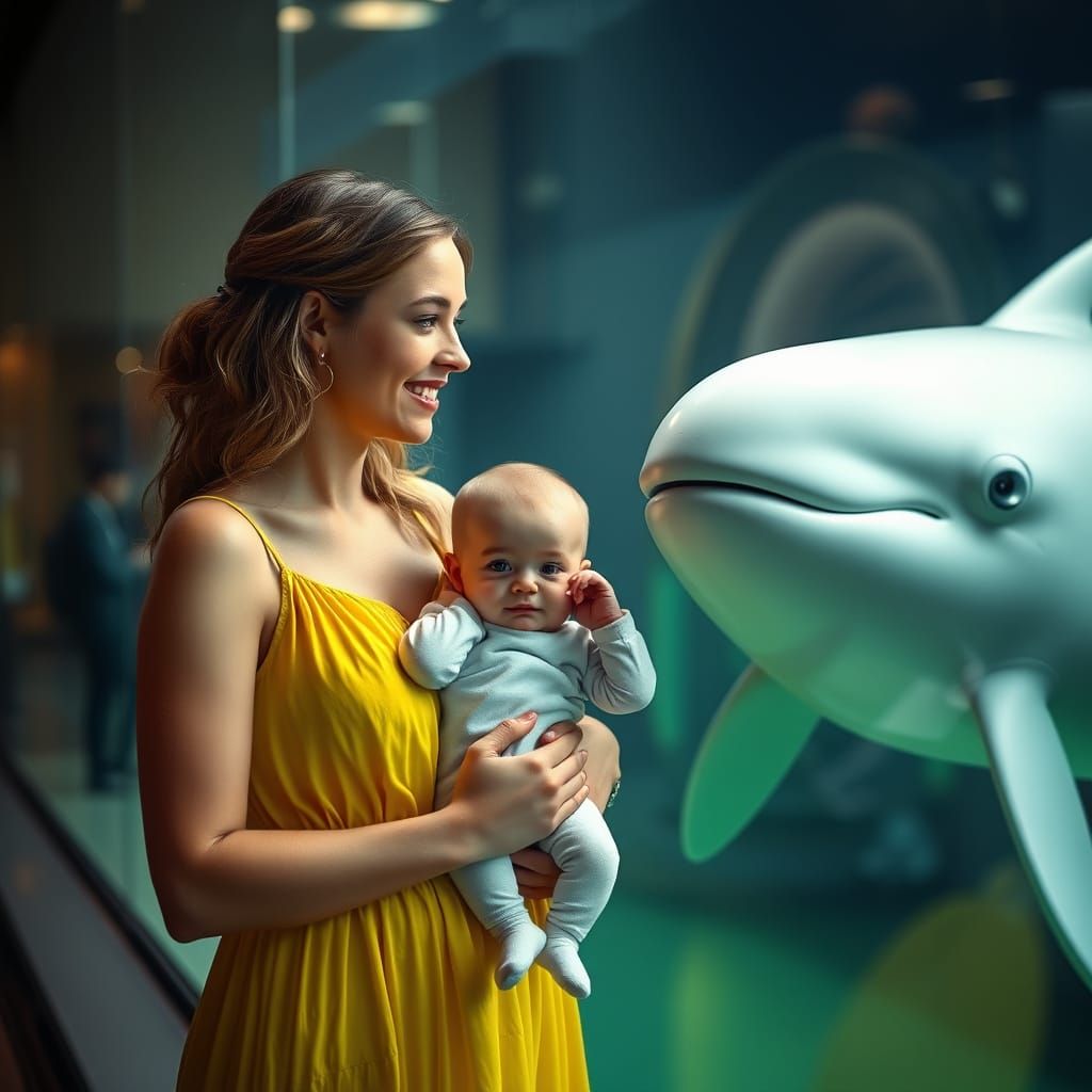 Mother and Baby Meet Beluga Whale: Hyperrealistic Art
