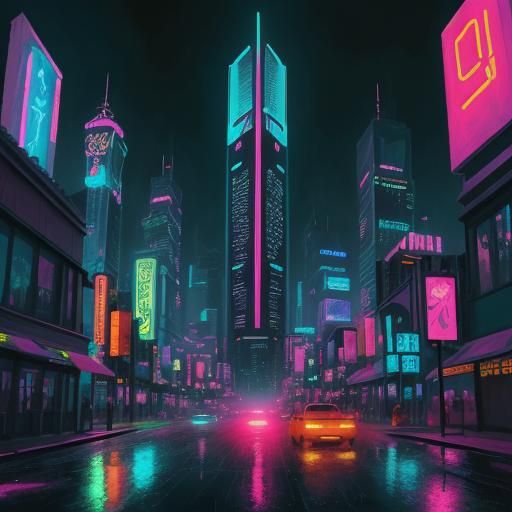Neon Future Cityscape at Sunset in Pop Art Style