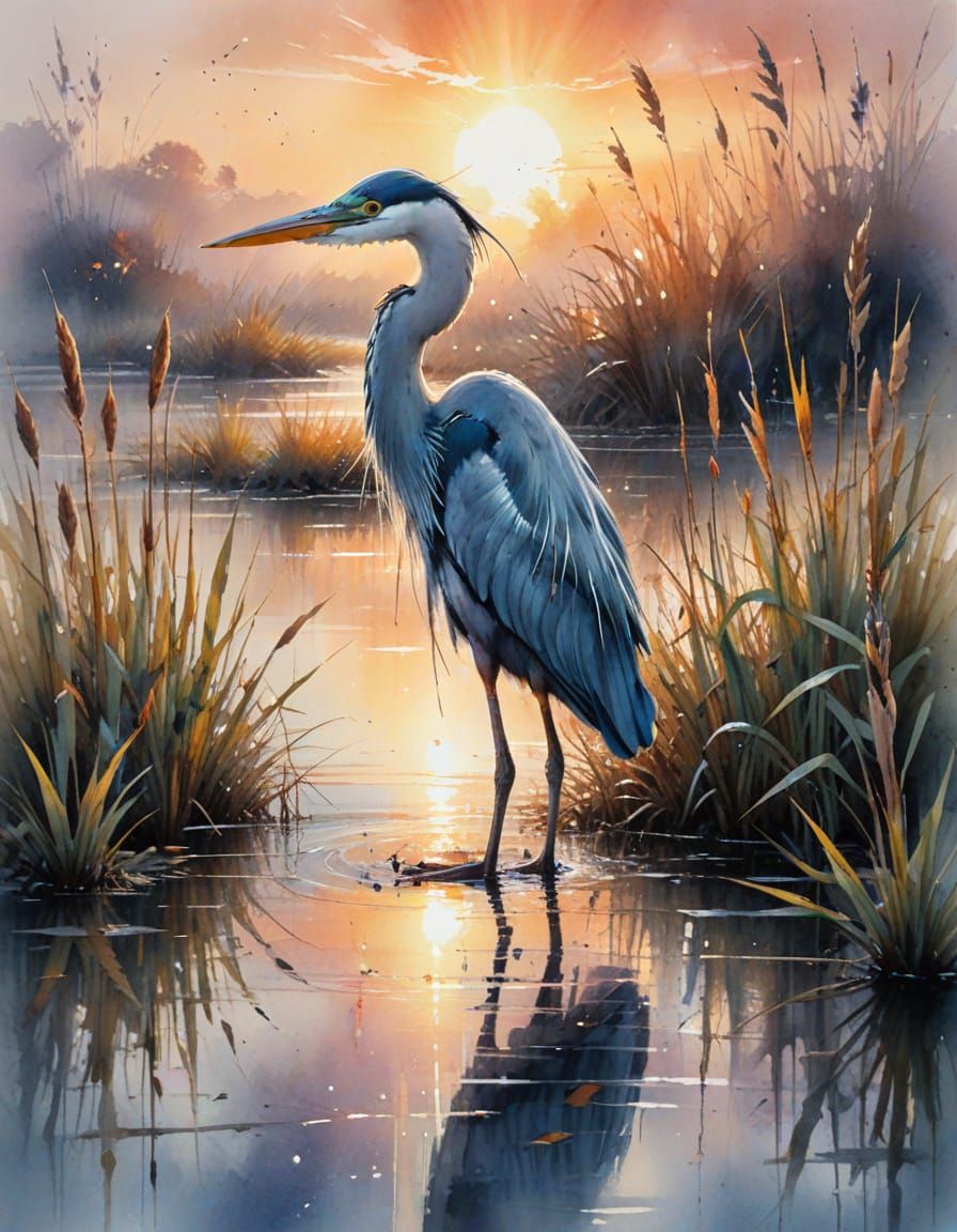 Heron in Misty Sunset Marsh: Watercolour Art