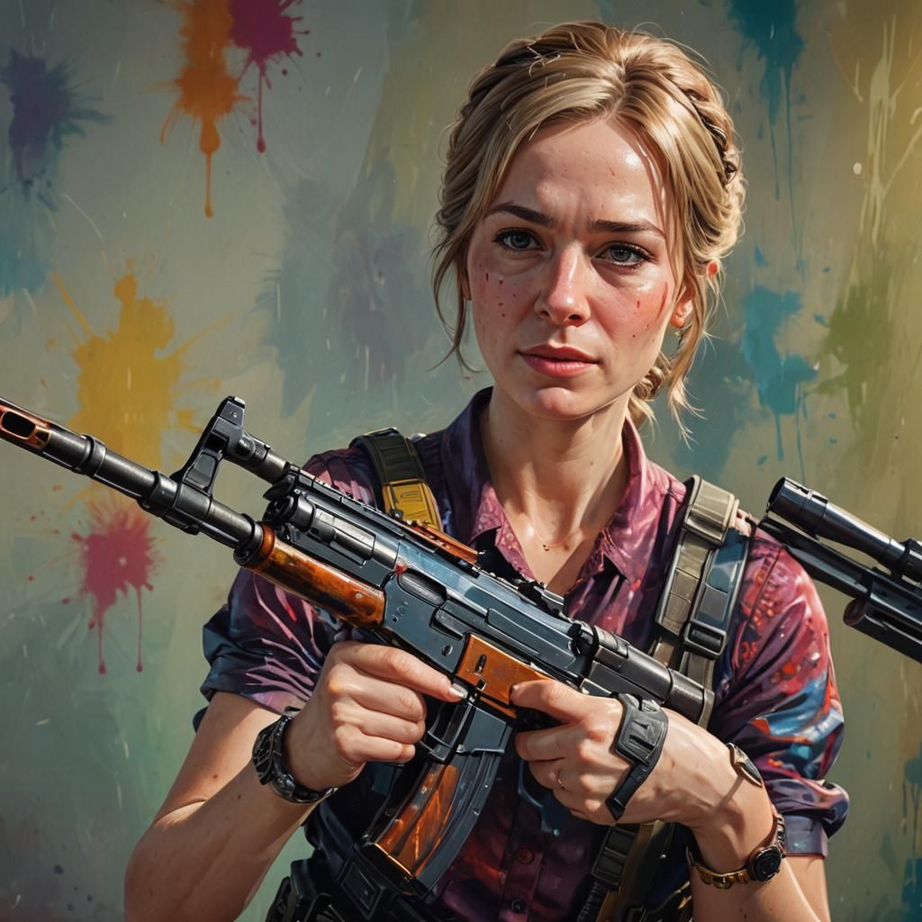 Portrait of Jane Austin, polishing an AK57 assault rifle hig...