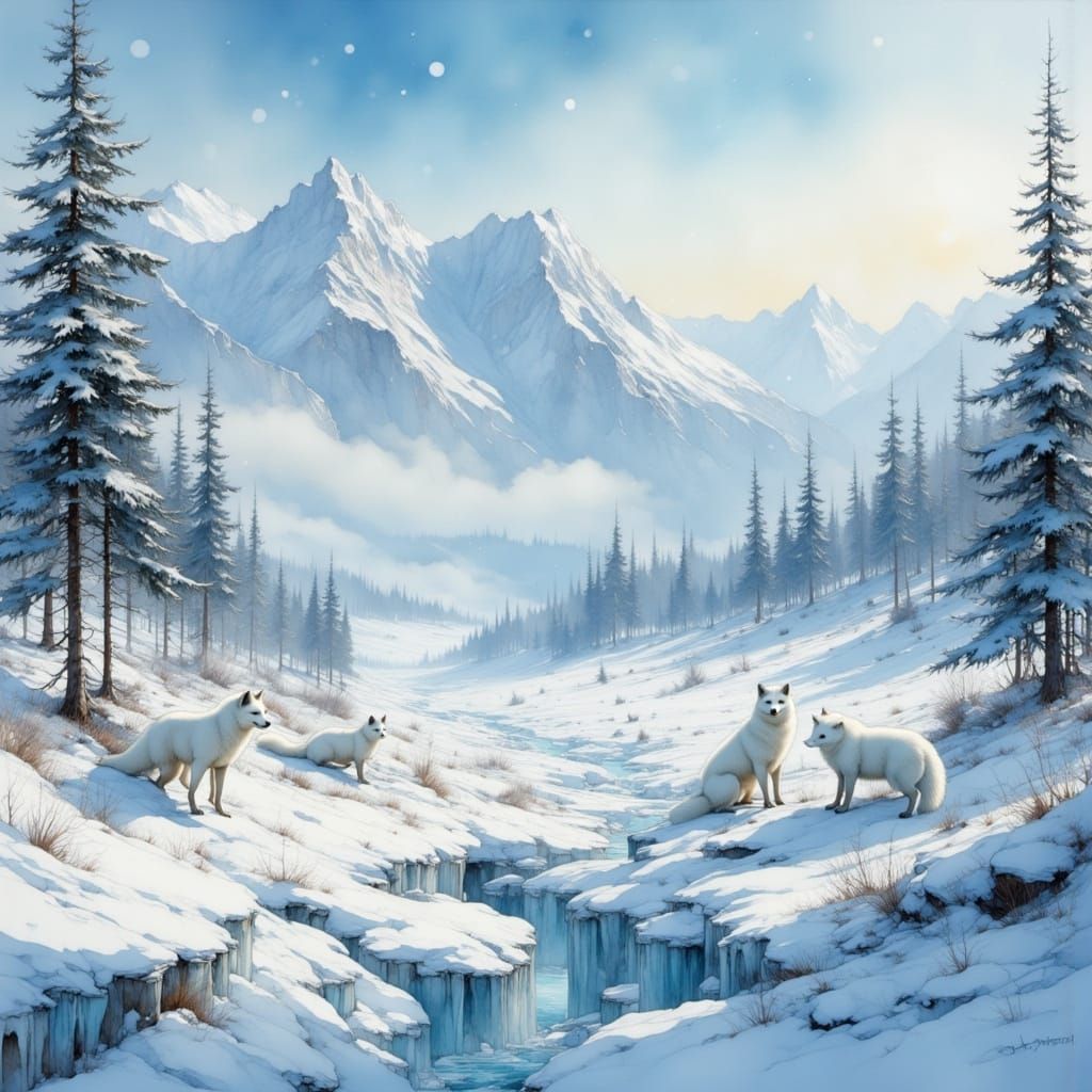 Historic Snowy Landscape with Foxes in Painterly Style