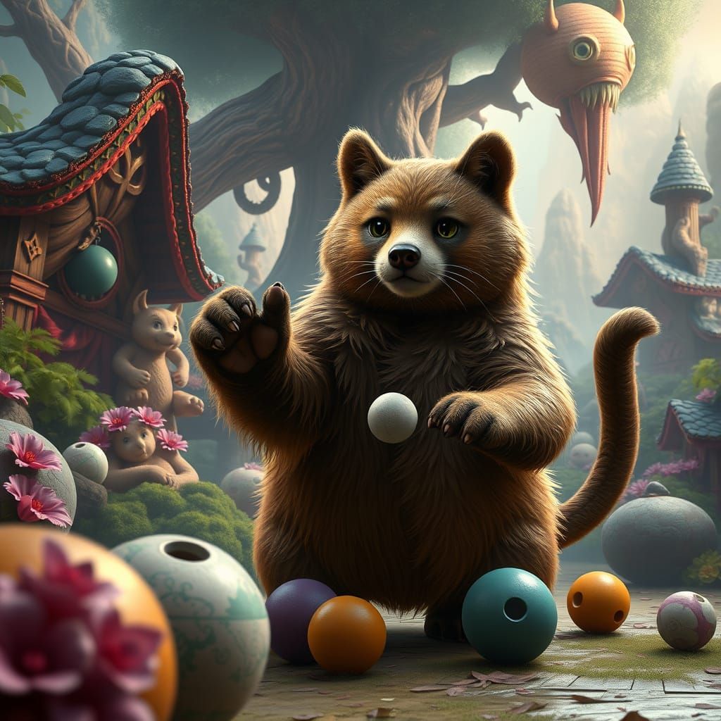 Bear and Cat Bowling in Fantastical Landscape