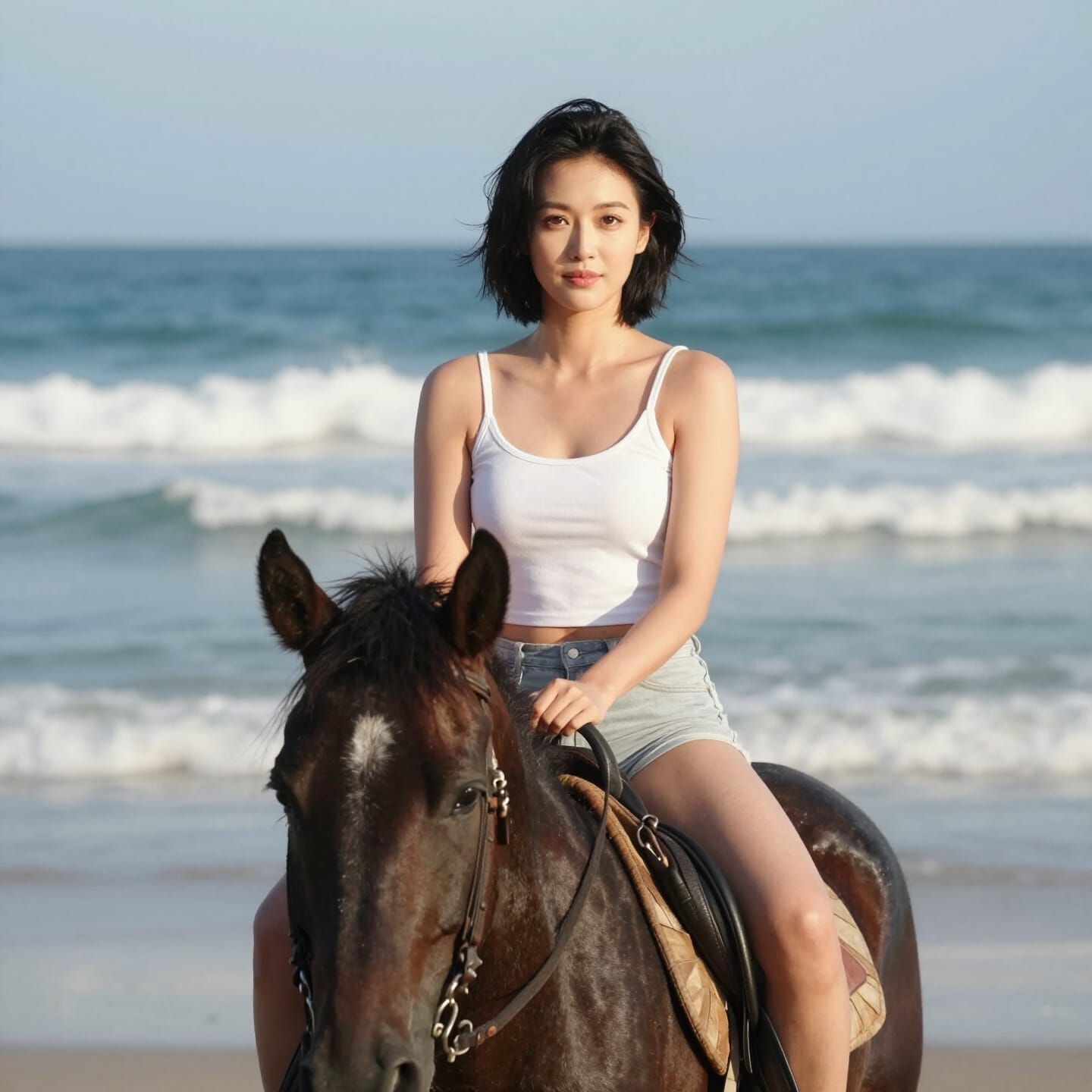 Woman Rides Black Horse on Thai Beach