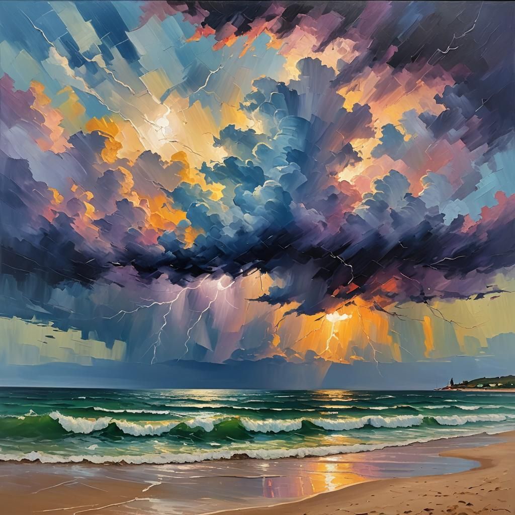 Stormy Seascape: Neo-Impressionist Expressionist Oil Paintin...
