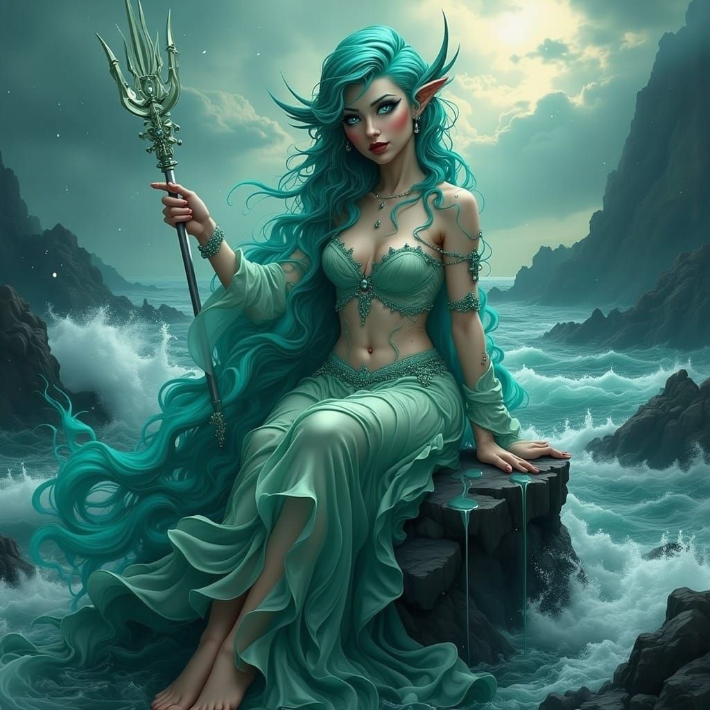 Digital Siren Demon Lord Exudes Marine Charm in Stormy Sea