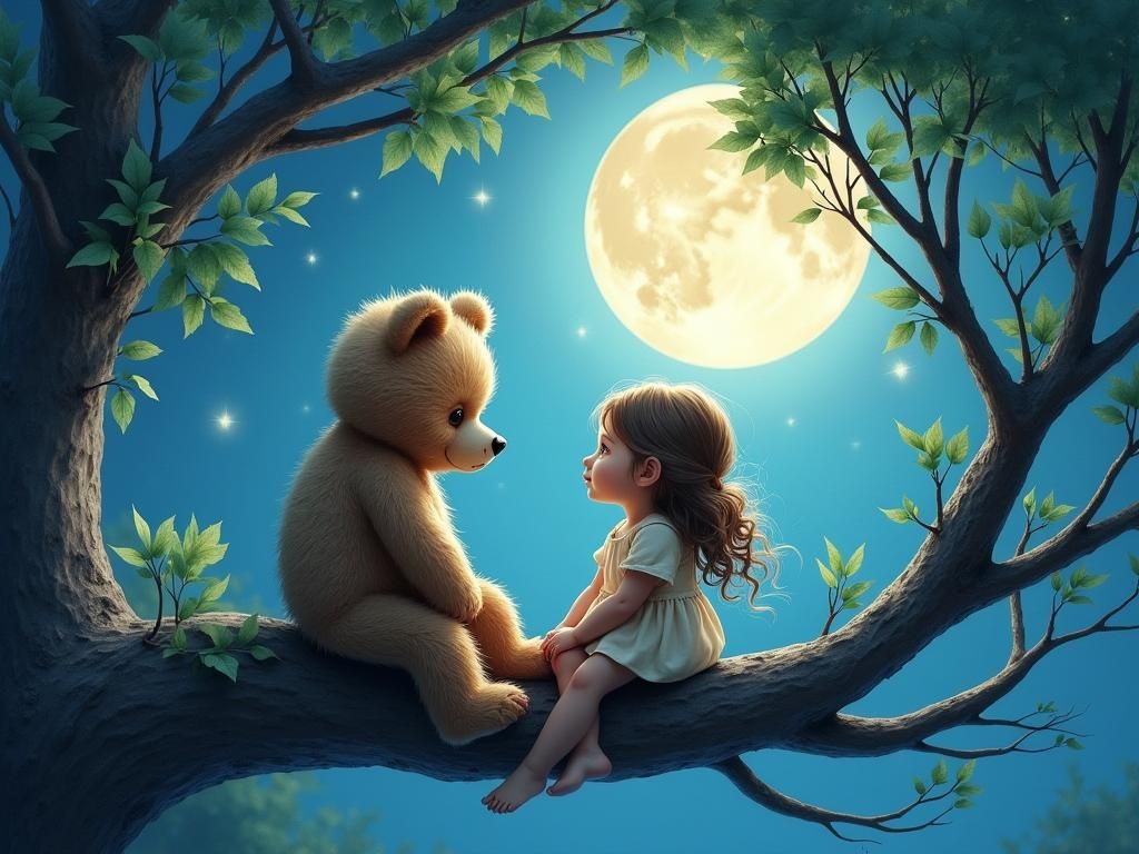 Magical Moonlight: Teddy Bear and Girl in Watercolor