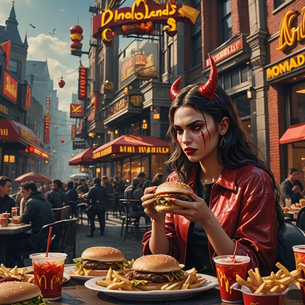 Devil Girl Enjoys Cheeseburger, Detailed Matte Painting