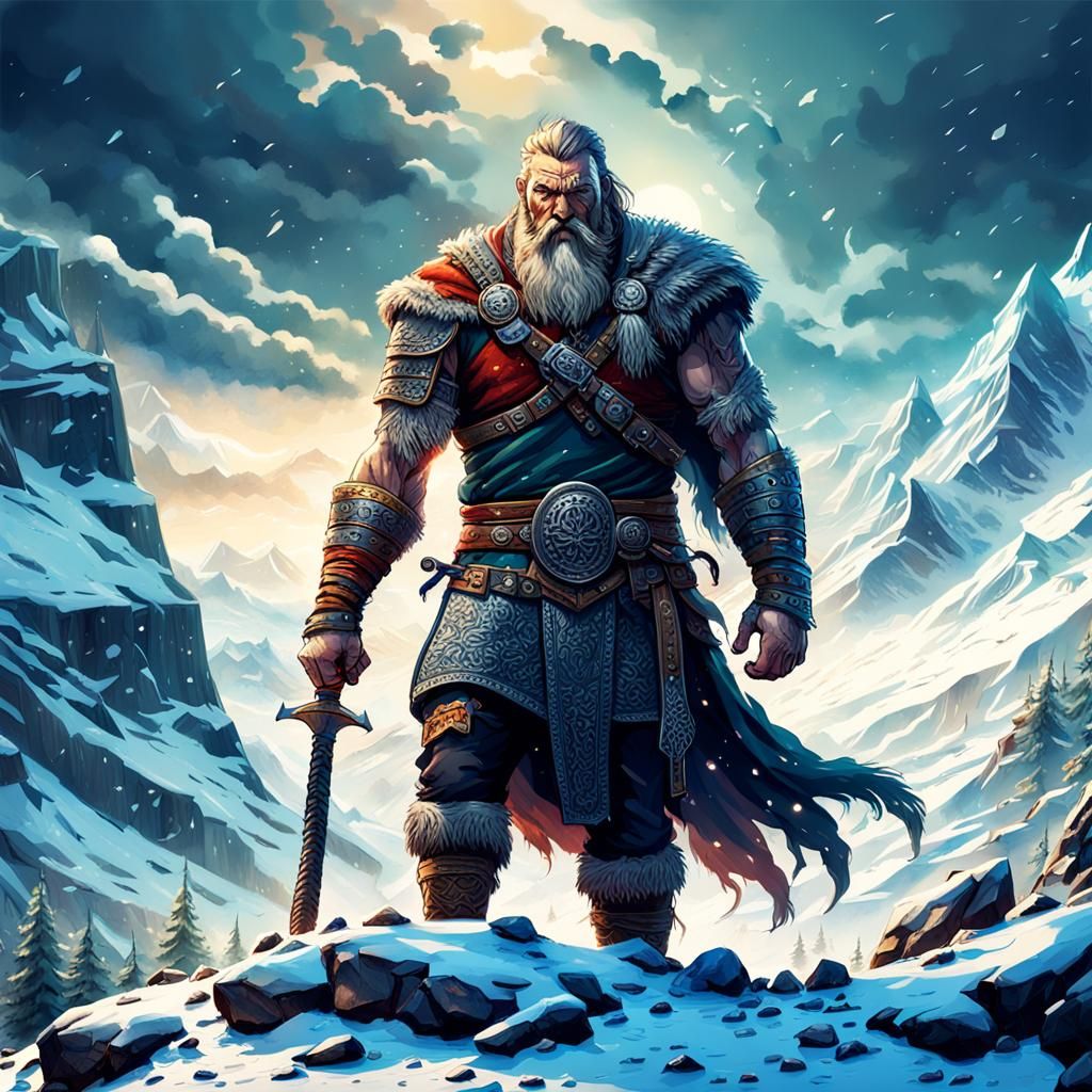Giant Viking Warrior on Snowy Mountain