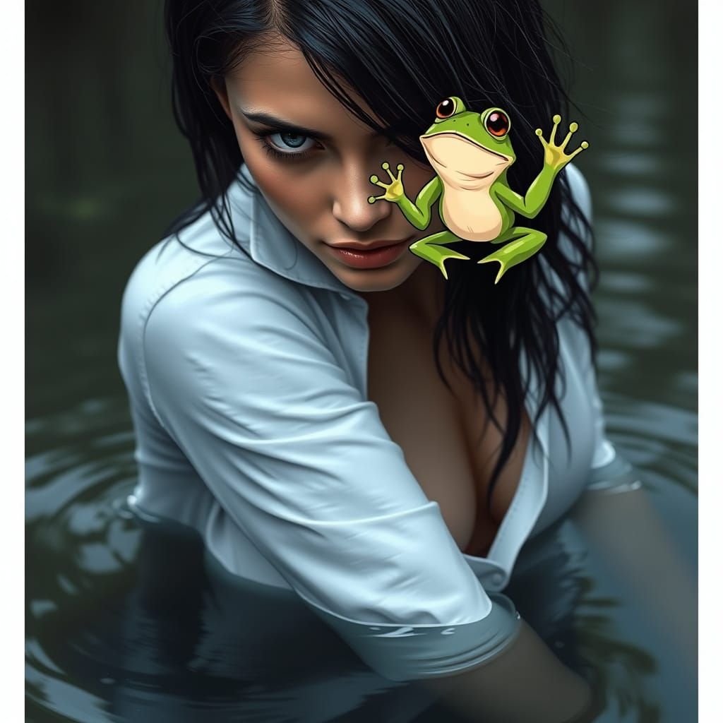 Mysterious Woman Emerges from Pond with Frog