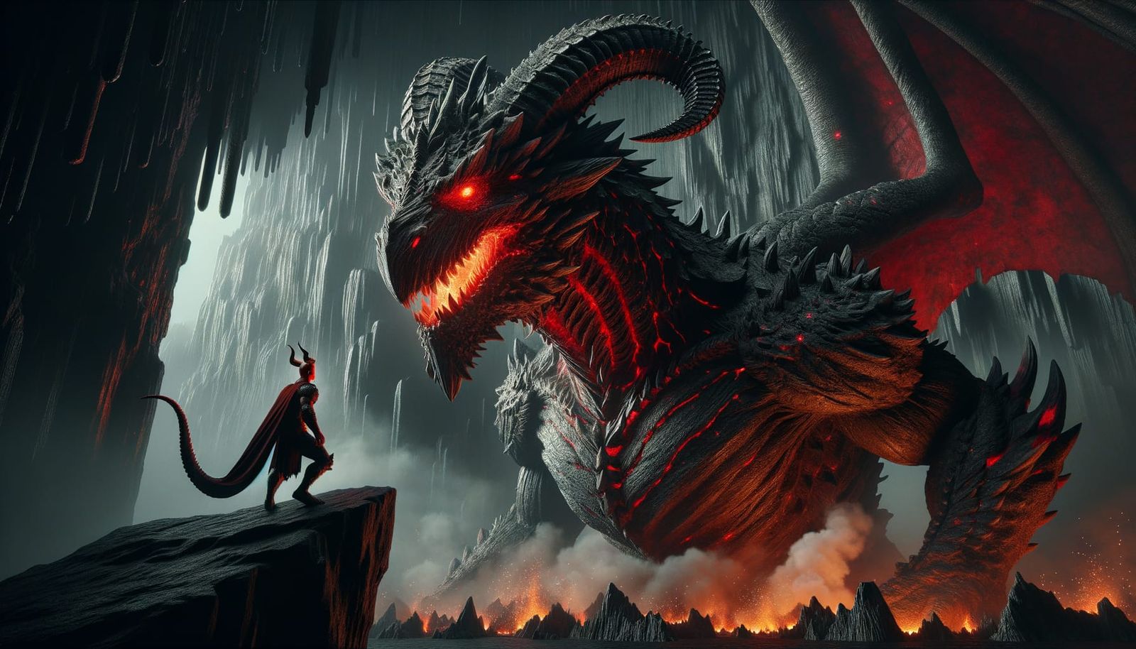 Colossal Dragon vs Tiefling in Dark Cave