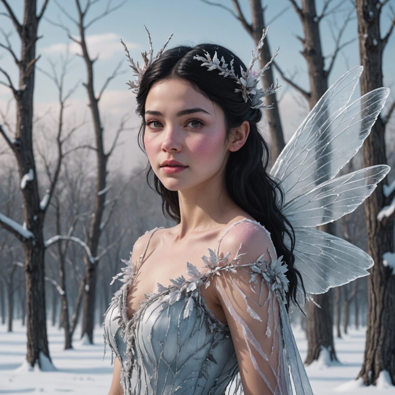 Winter Fairy with Icy Wings Over Snowy Field