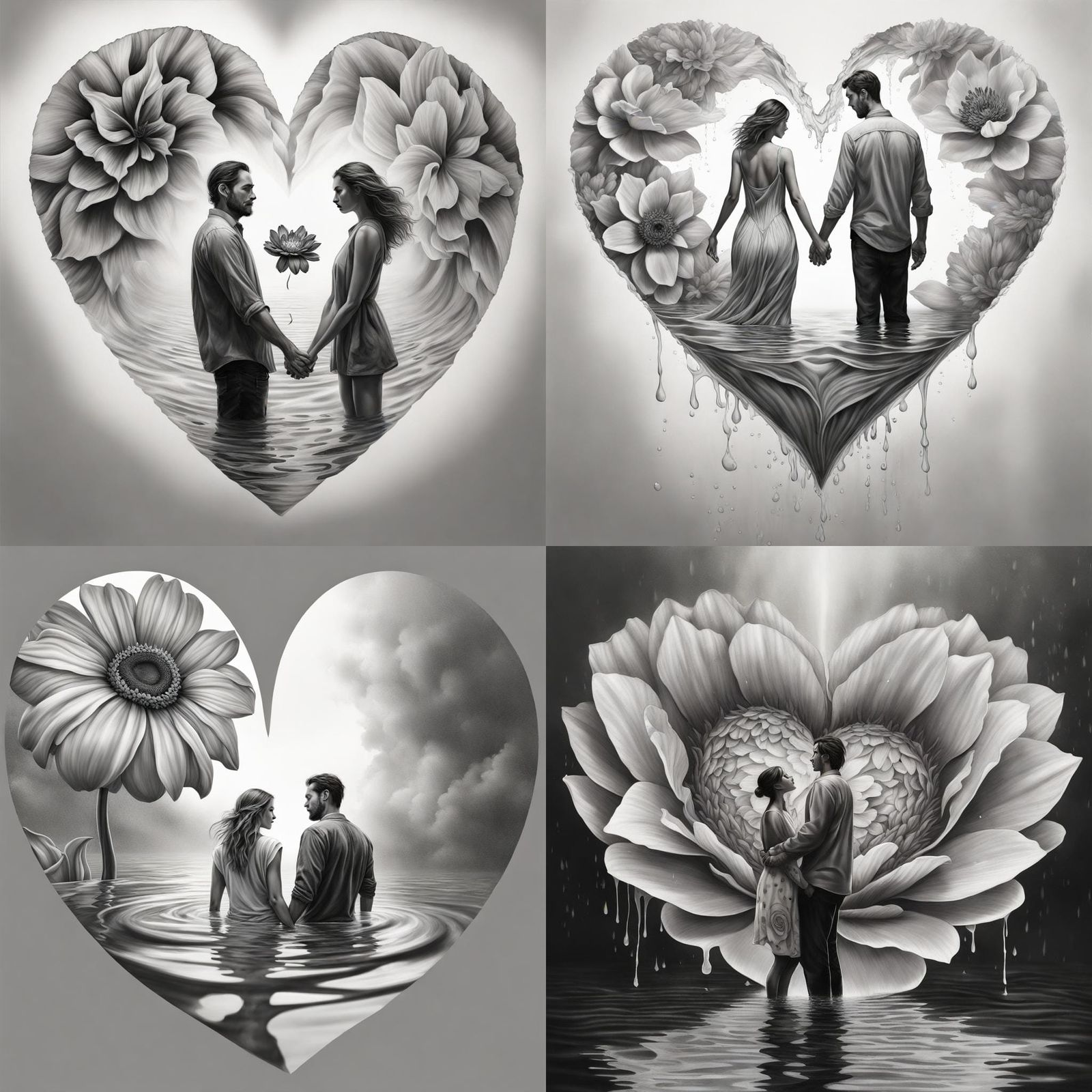 Hyperrealistic Couple on Heart Petal in Water