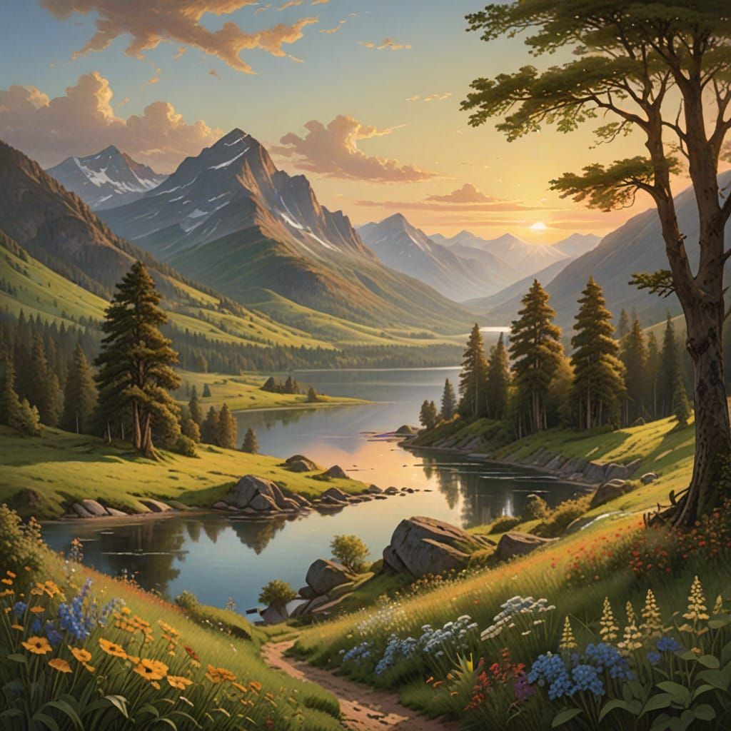 Surreal Landscape Painting of Majestic Mountains and Tranqui...