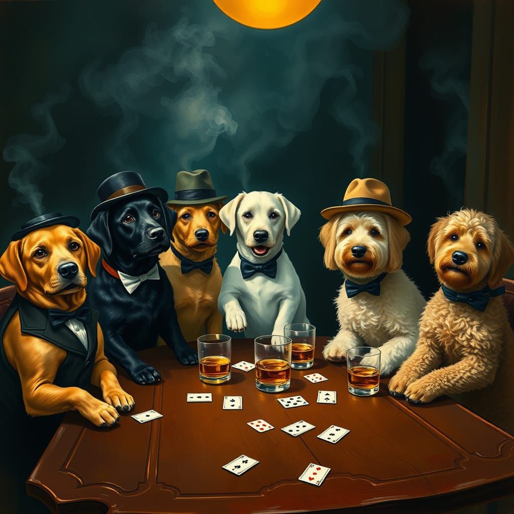 Dogs in Miniature Suits and Hats, Surrounded by Whiskey and ...