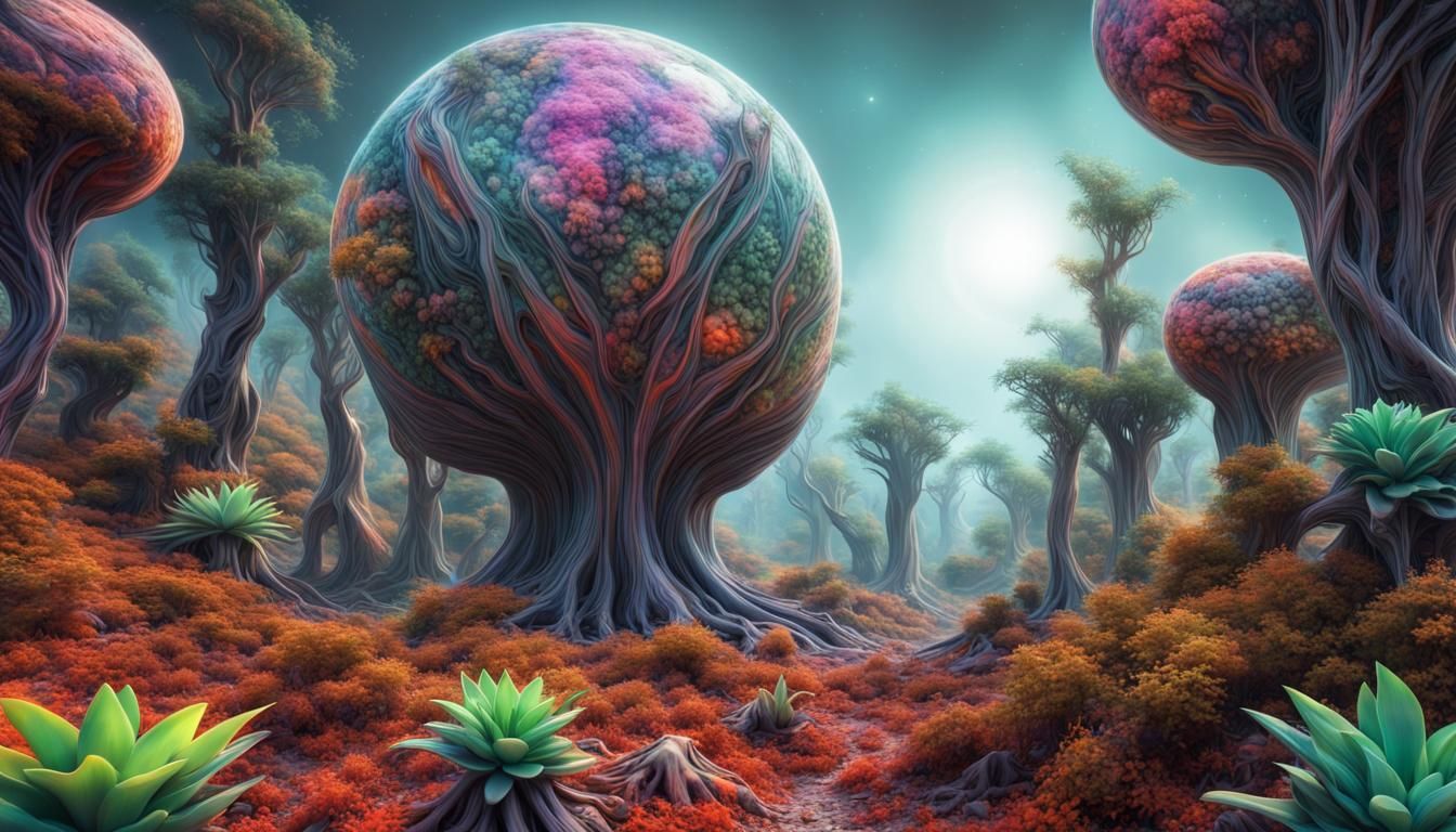 Hyperrealistic Alien Forest with Colorful Plant Life