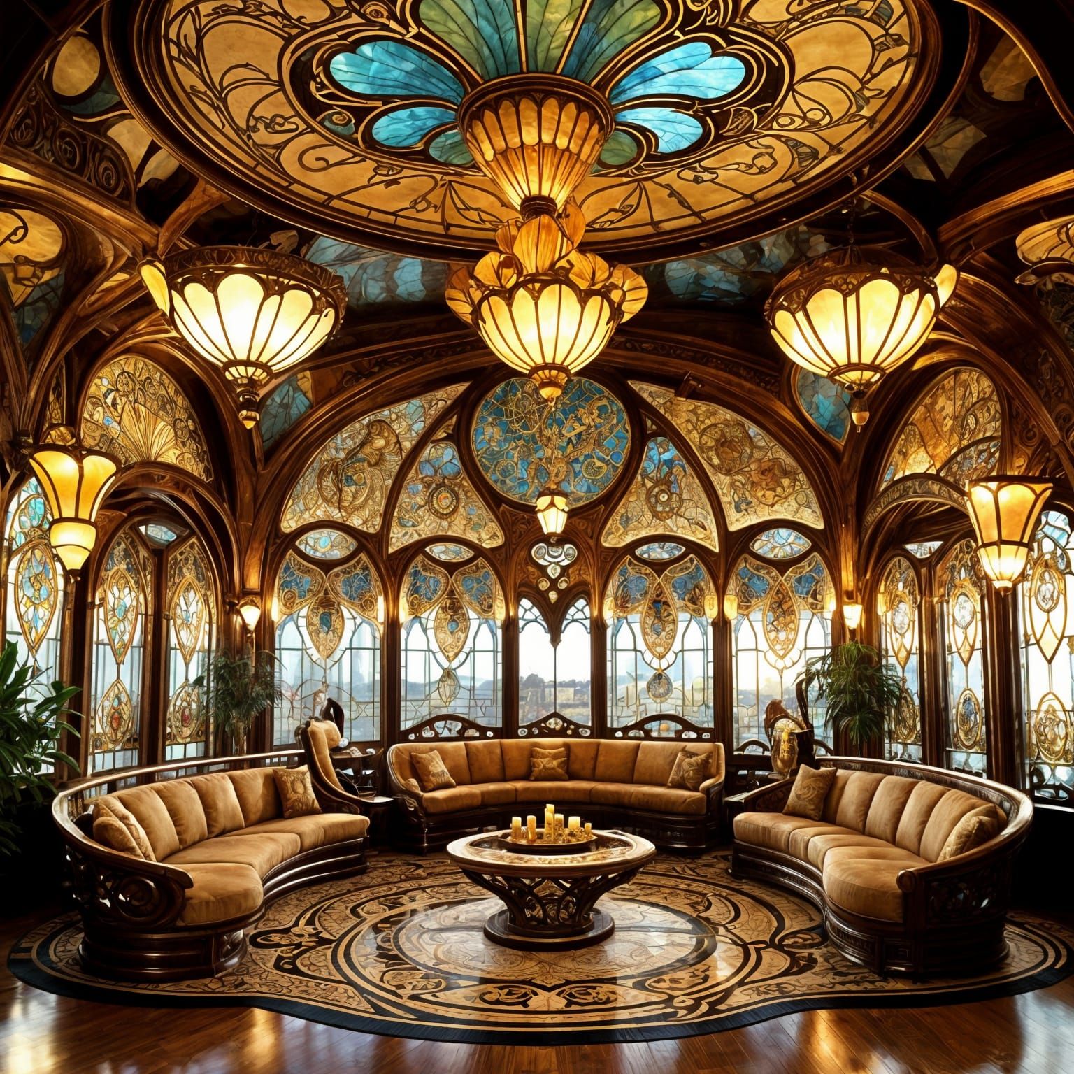 Art Nouveau Salon Interior with Stained Glass and Mosaics