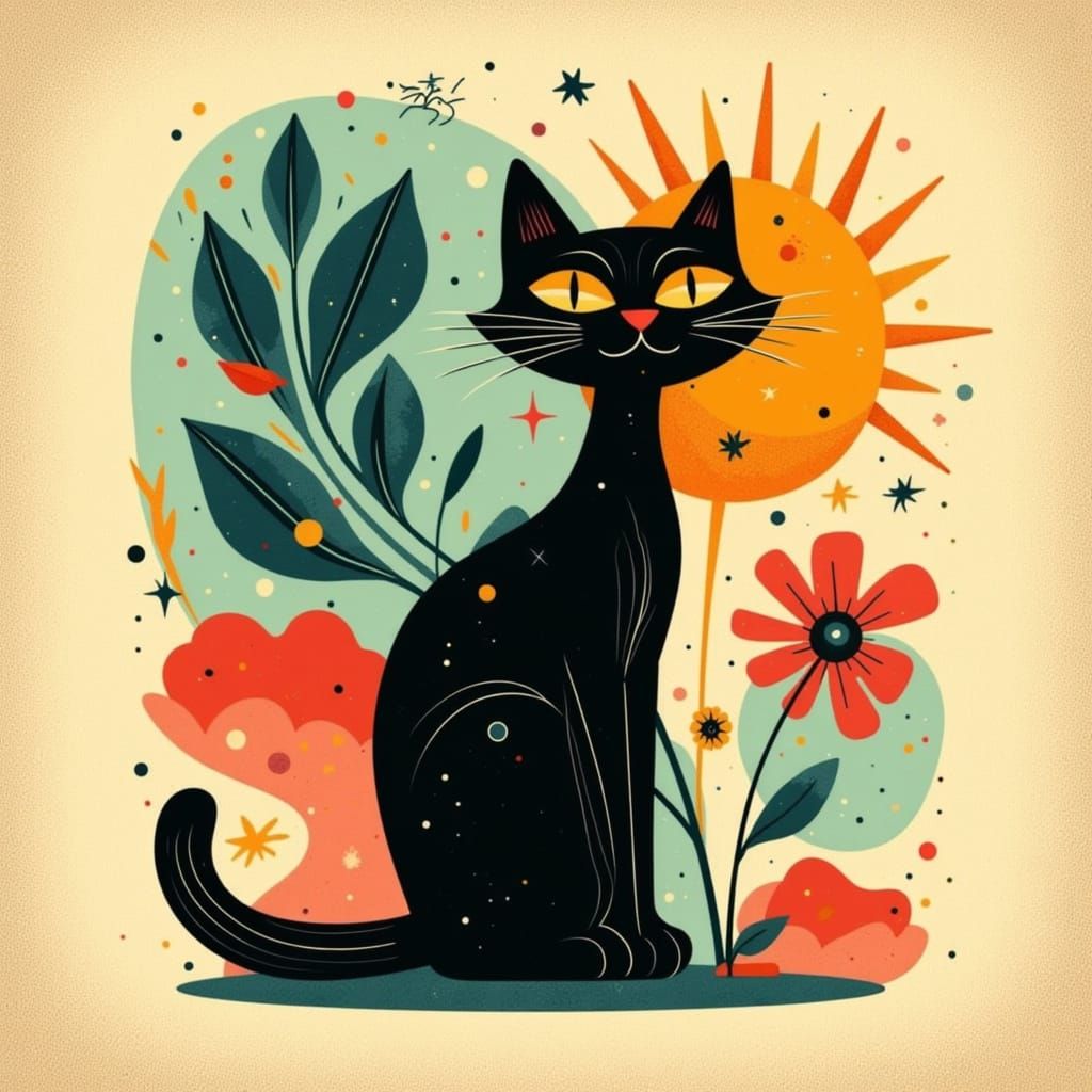 Stylized Black Cat with Yellow Eyes in Mid-Century Style
