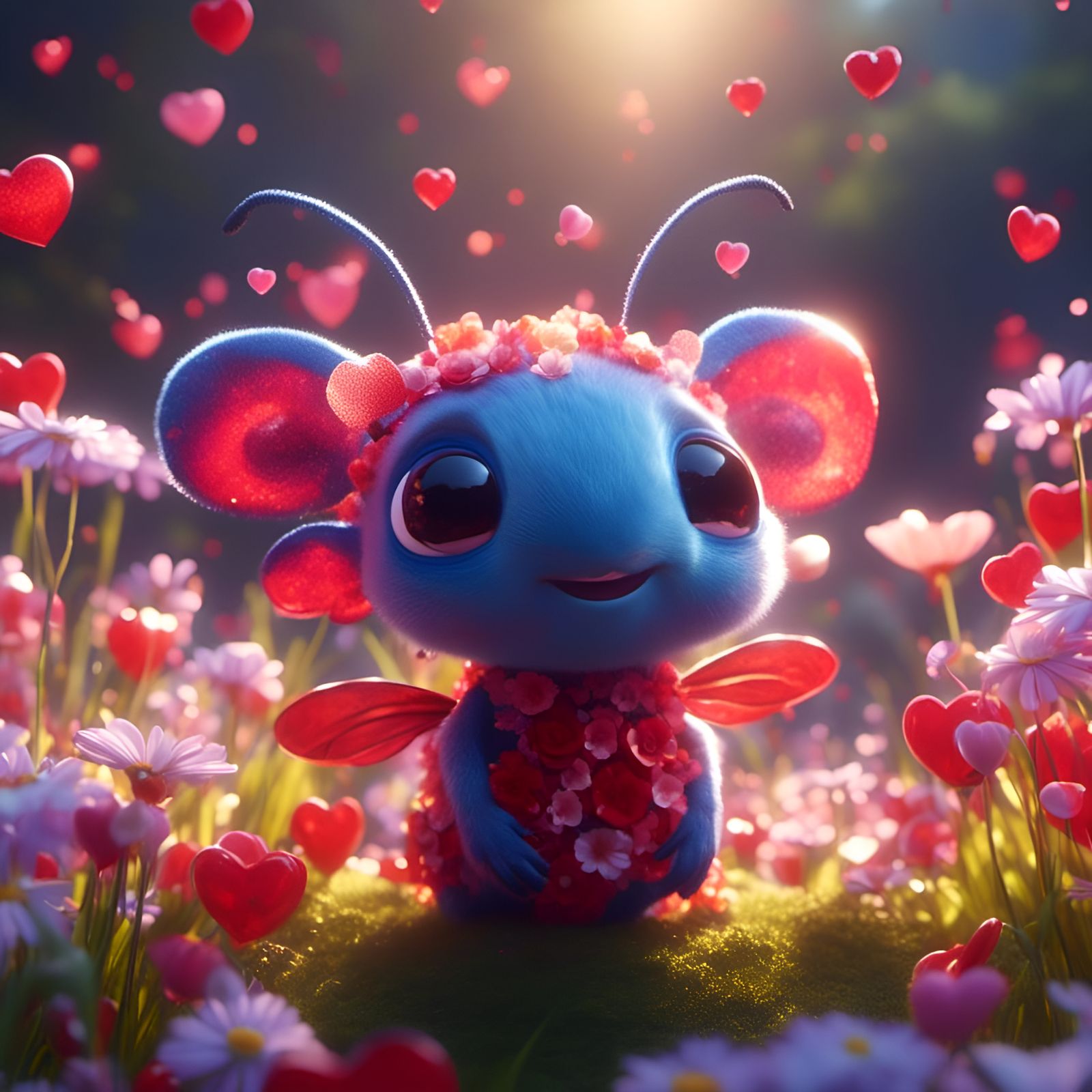 Adorable Insect Surrounded by Hearts and Flowers