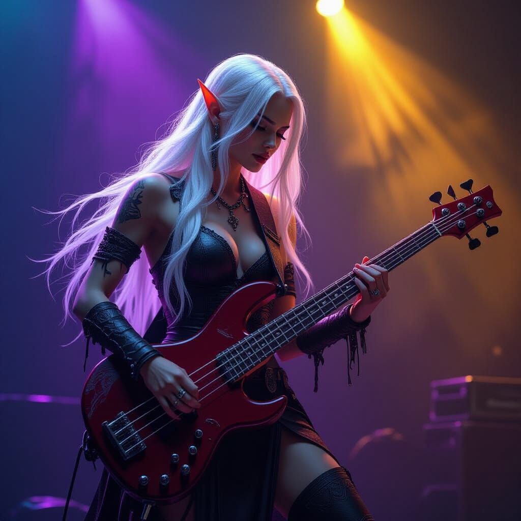 Drow Elf Rocking Bass Guitar on Stage