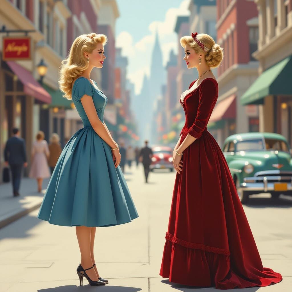 1950s Woman Meets Victorian Lady Admiring Fashion