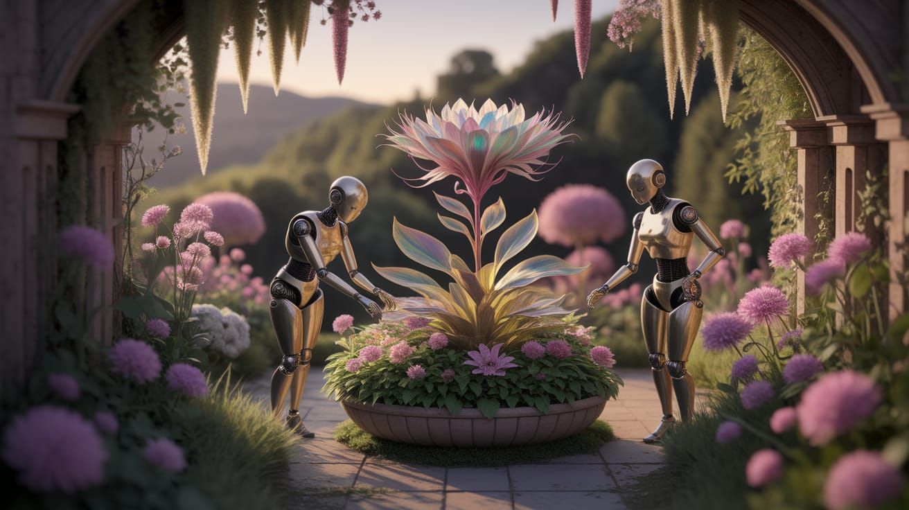 DNA Garden Tended by Robots, a Symbol of Human Essence