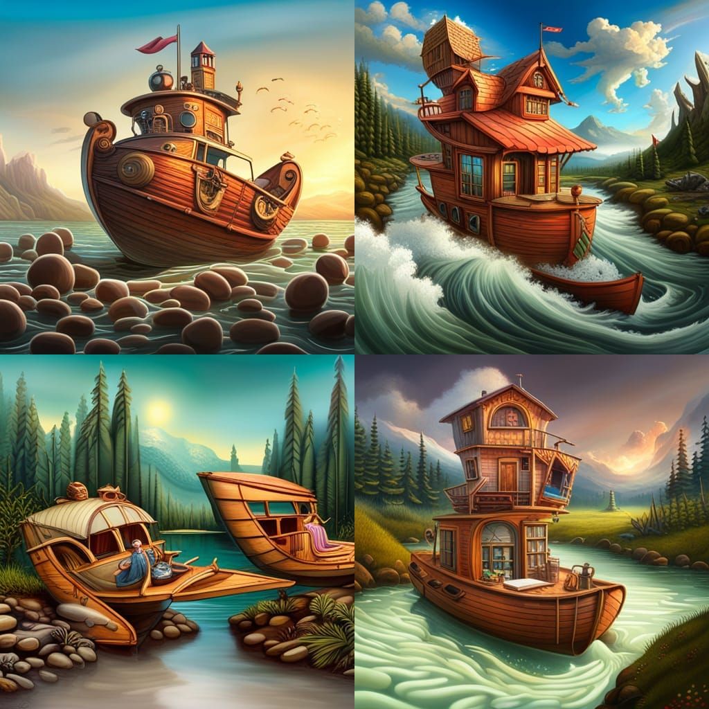 Whimsical Amphibious Vehicle on River in Detailed Digital Pa...