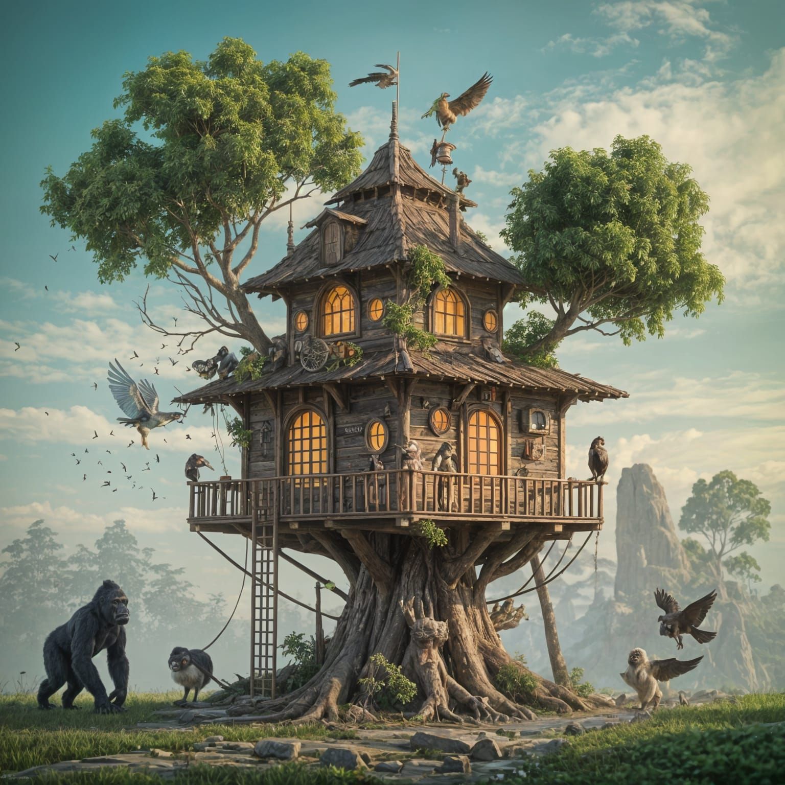 Steampunk Treehouse Abode with Exotic Beasts
