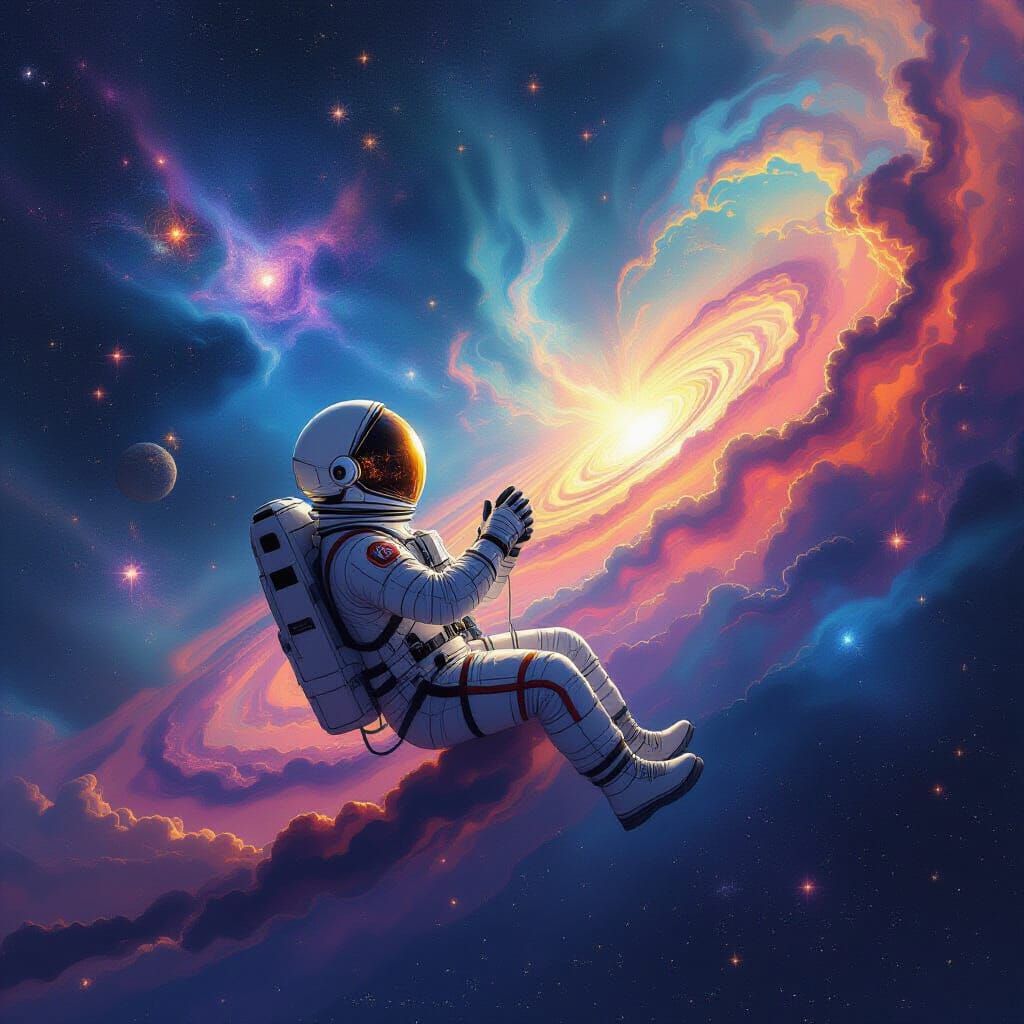 Astronaut Navigating Nebula in Surrealist Art Nouveau Style