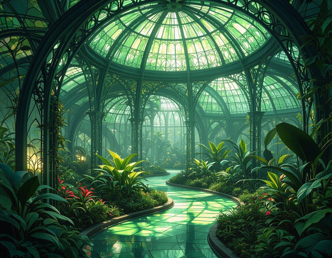 Futuristic Art Nouveau Garden in Emerald Light