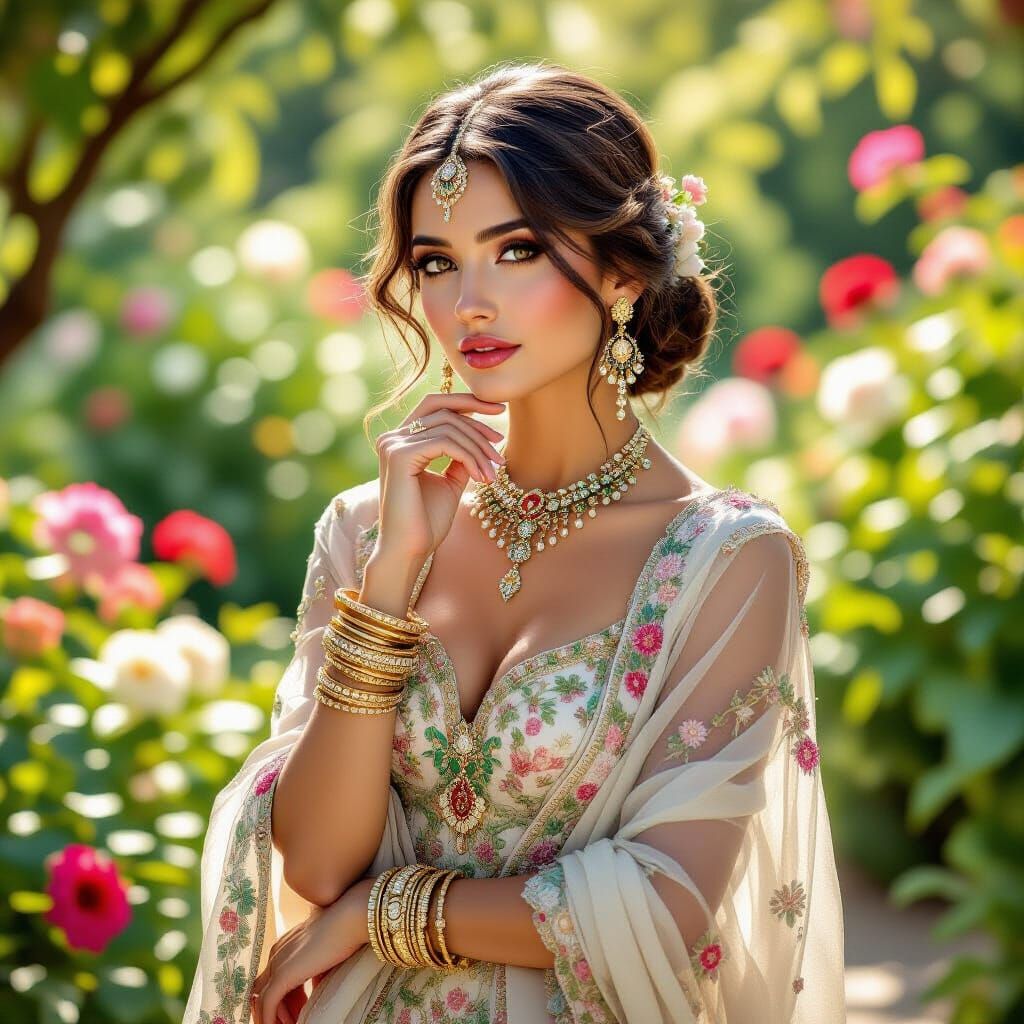 Elegant Turkish Woman in Alphonse Mucha Style Garden