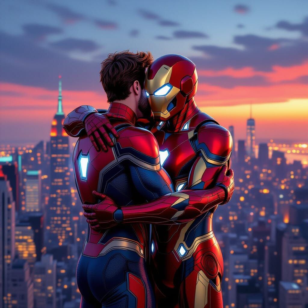 Iron Man & Spiderman Hug in Futuristic NYC