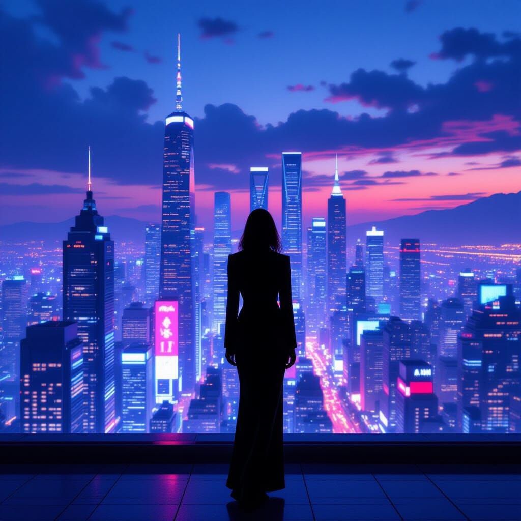 Elegant Woman in Suit Overlooks Neon Metropolis