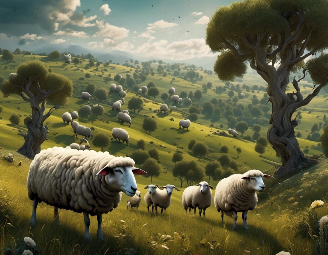 Sheep Grazing on Lush Hillside in Fantasy Art Style