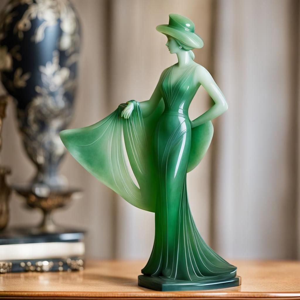 A jade art deco figurine of a woman in an elegant dress.