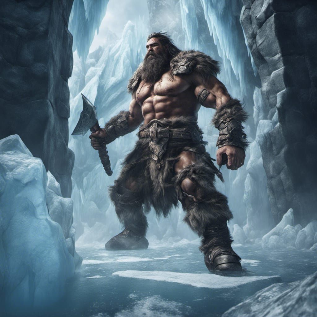 Giants Barbarian Climbs Ice Wall: Fantasy Concept Art