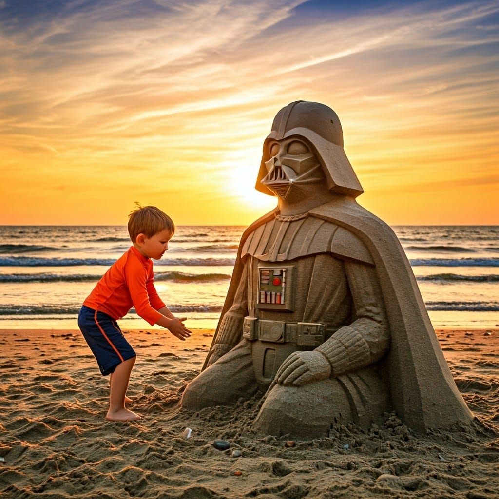 Boy Creates Darth Vader Sand Sculpture at Sunset