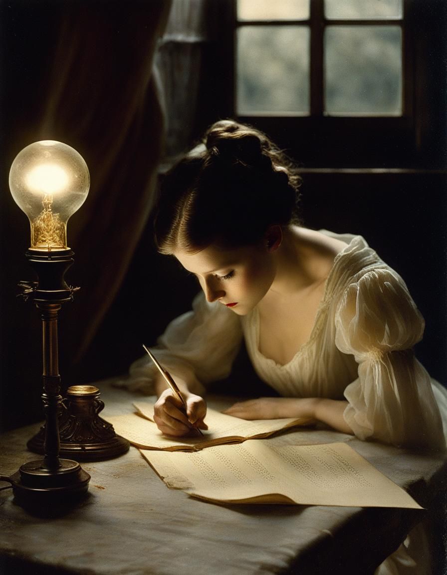 Tenebrism Portrait: Woman Writing in Shadowy Room