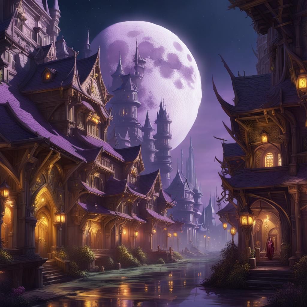 Detailed Moon Elf City in Dark Fantasy Style
