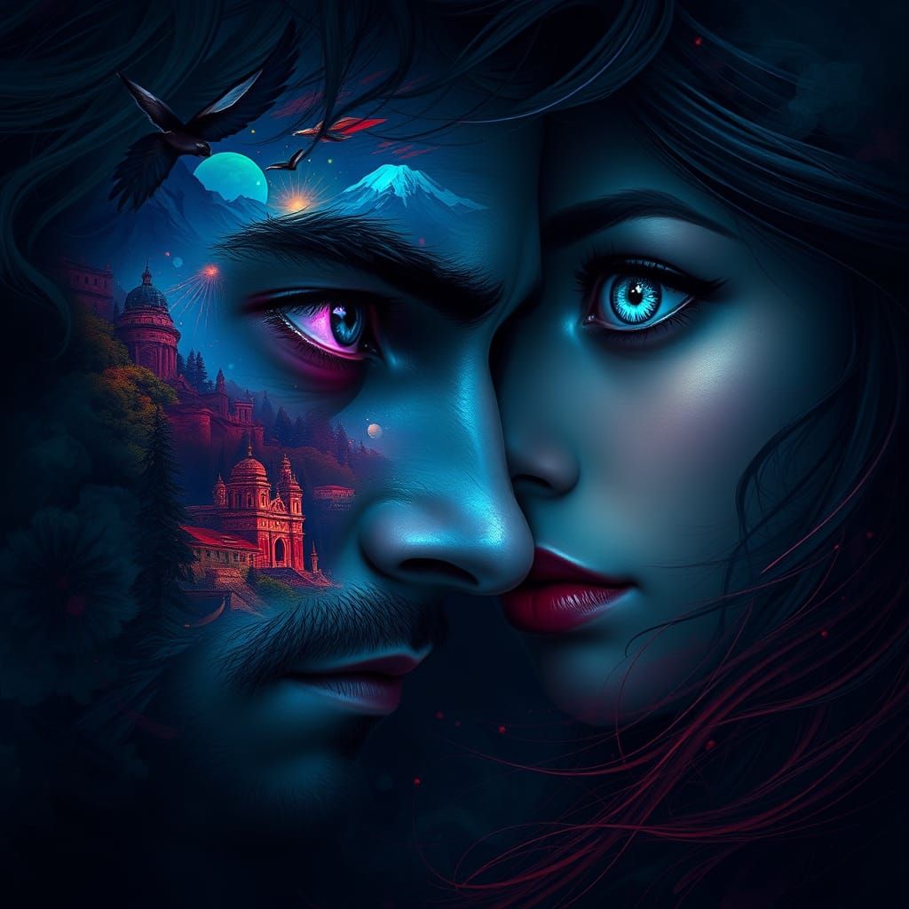 Surreal Fantasy Portrait of Emotional Connection in Dark Abs...