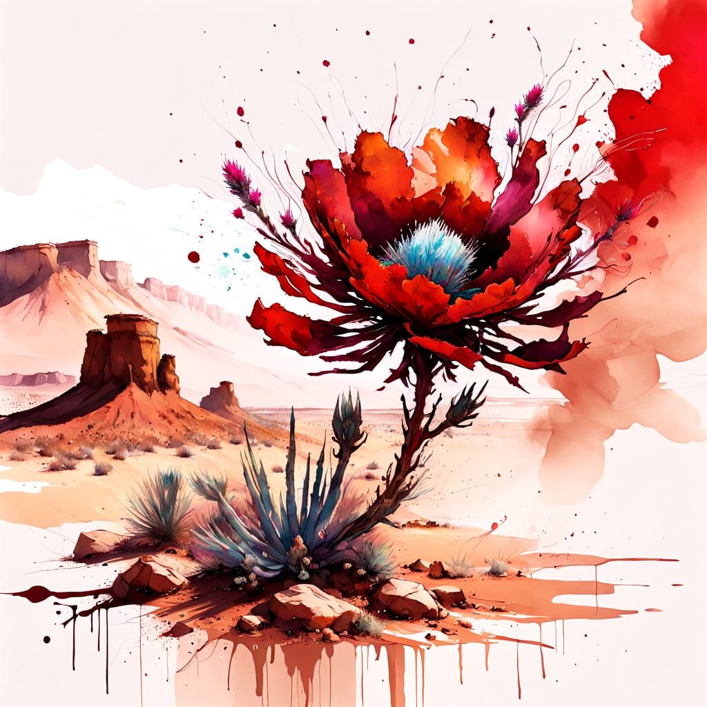Desert Flower Blooms with Ink Splash Effect