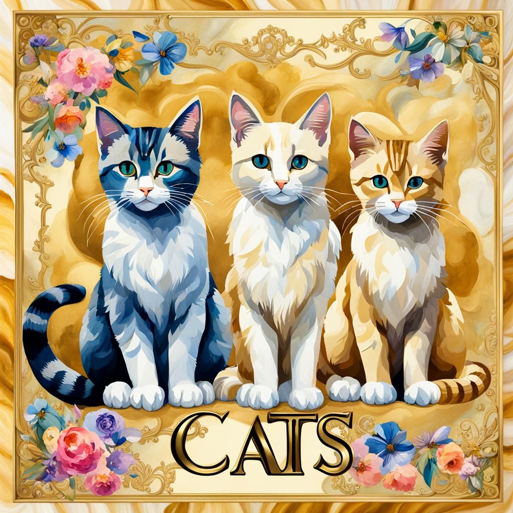 CATS Word Art with Cats in Gouache Watercolor