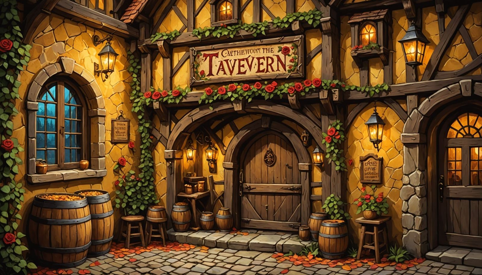 Medieval Tavern in Autumn Forest Impasto Painting