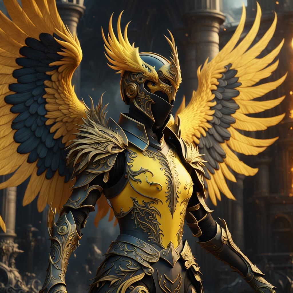 Black and Yellow Phoenix Knight in Matte Painting